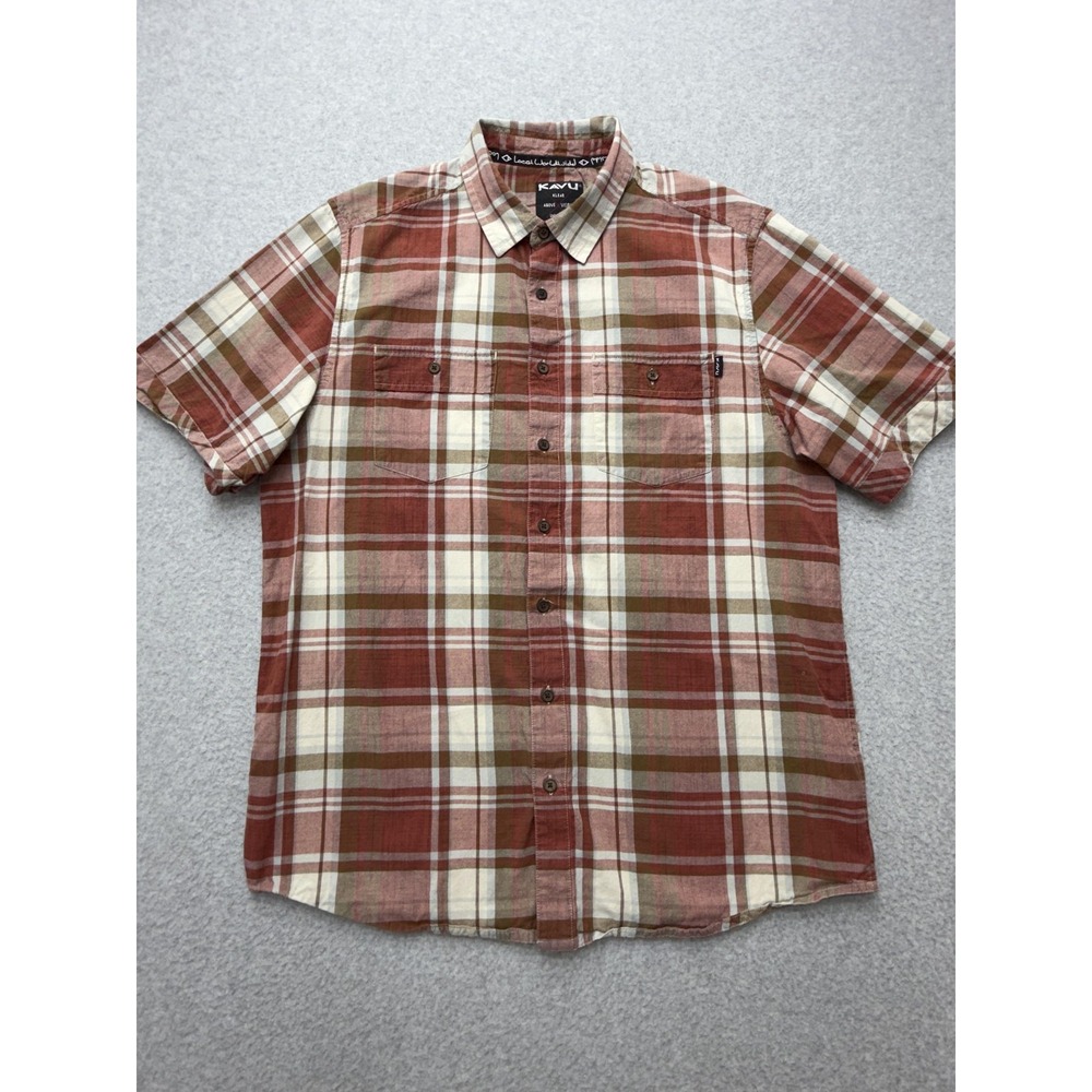 KAVU Shirt Mens Large Multicolor Plaid Short Sleeve Button Front‎ Casual